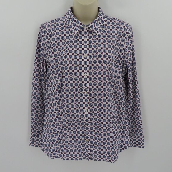 Talbots Womens 10 Non Iron Purple Blue Geometric Collar Button Shirt Top Blouse - Picture 9 of 10